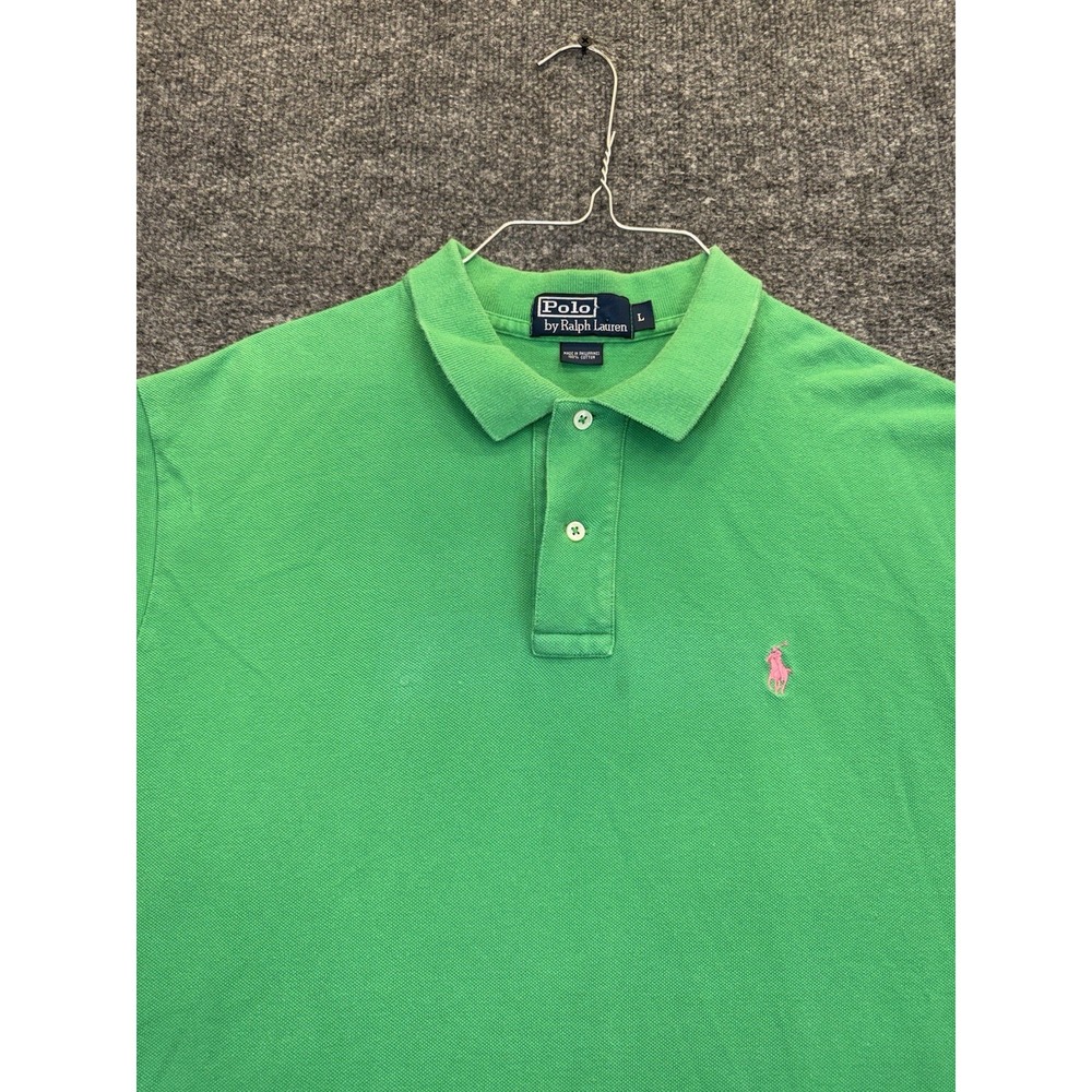 Vintage Polo Ralph Lauren Men's Large Green Pink Pony 100% Cotton Polo Shirt - Picture 3 of 8